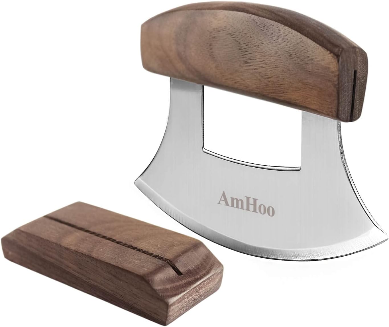Amhoo Pizza Cutter Chef Mezzaluna Ulu Knife Handle Color Wood Grip Sharp Rocker Slicer Stainless Steel Blade Salad Onion Vegetable Chopper with Holder Base Christmas Gifts
