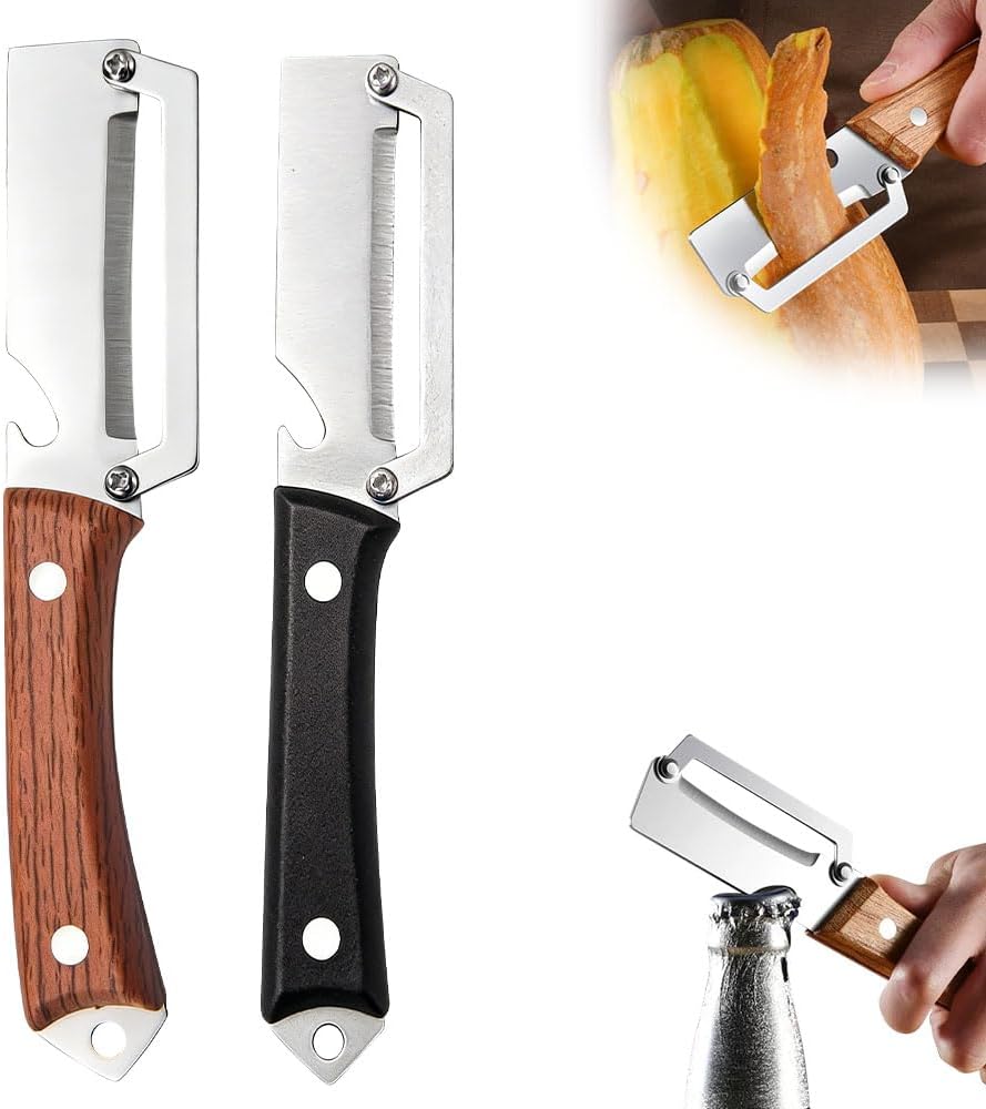 Multi-Functional Vegetable Peeler for Kitchen, 2026 New Vegetable Peeler with Wooden Handle and Bottle Opener, 2 in 1 Stainless Steel Kitchen Tool for Fruit Apple Potato Pumpkin Slicer (brown, 1PCS)