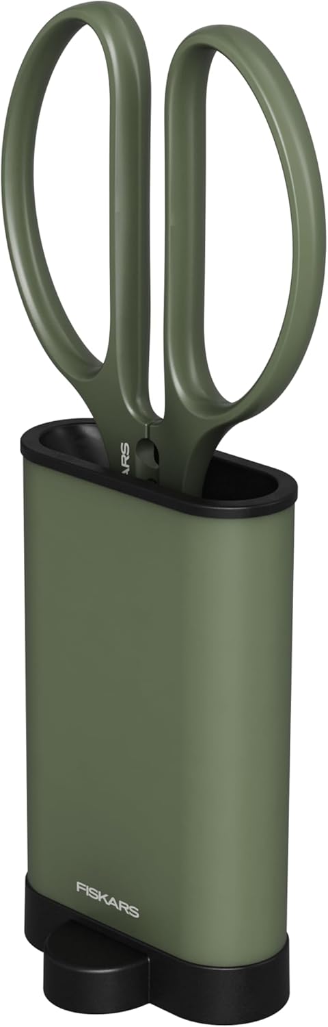 Fiskars Plant Shaping Shears & Holder, Precision Indoor Gardening Snips with Storage Caddy, Forged Stainless Steel Blades for Clean Cuts on Broad Leaves, Ambidextrous Handles & Stem Stripper, 6"