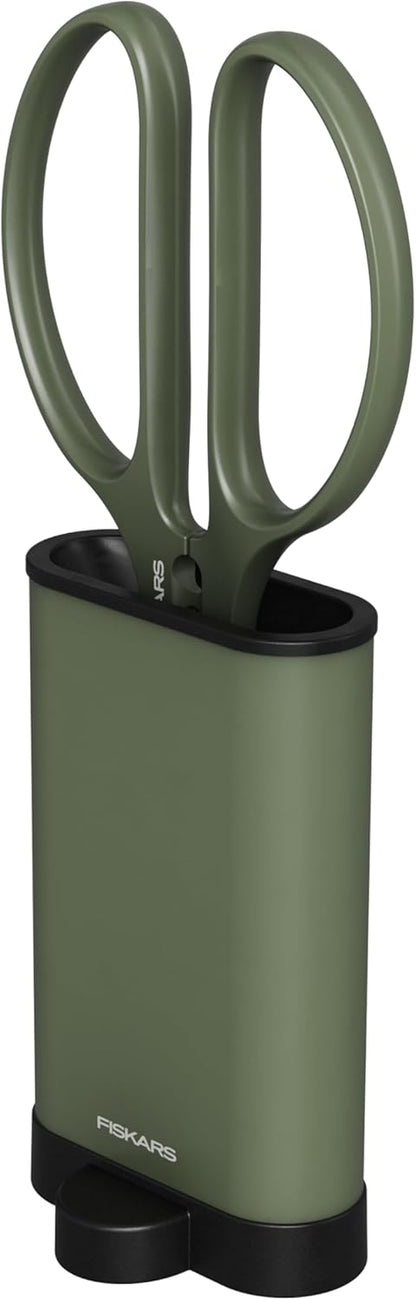 Fiskars Plant Shaping Shears & Holder, Precision Indoor Gardening Snips with Storage Caddy, Forged Stainless Steel Blades for Clean Cuts on Broad Leaves, Ambidextrous Handles & Stem Stripper, 6"