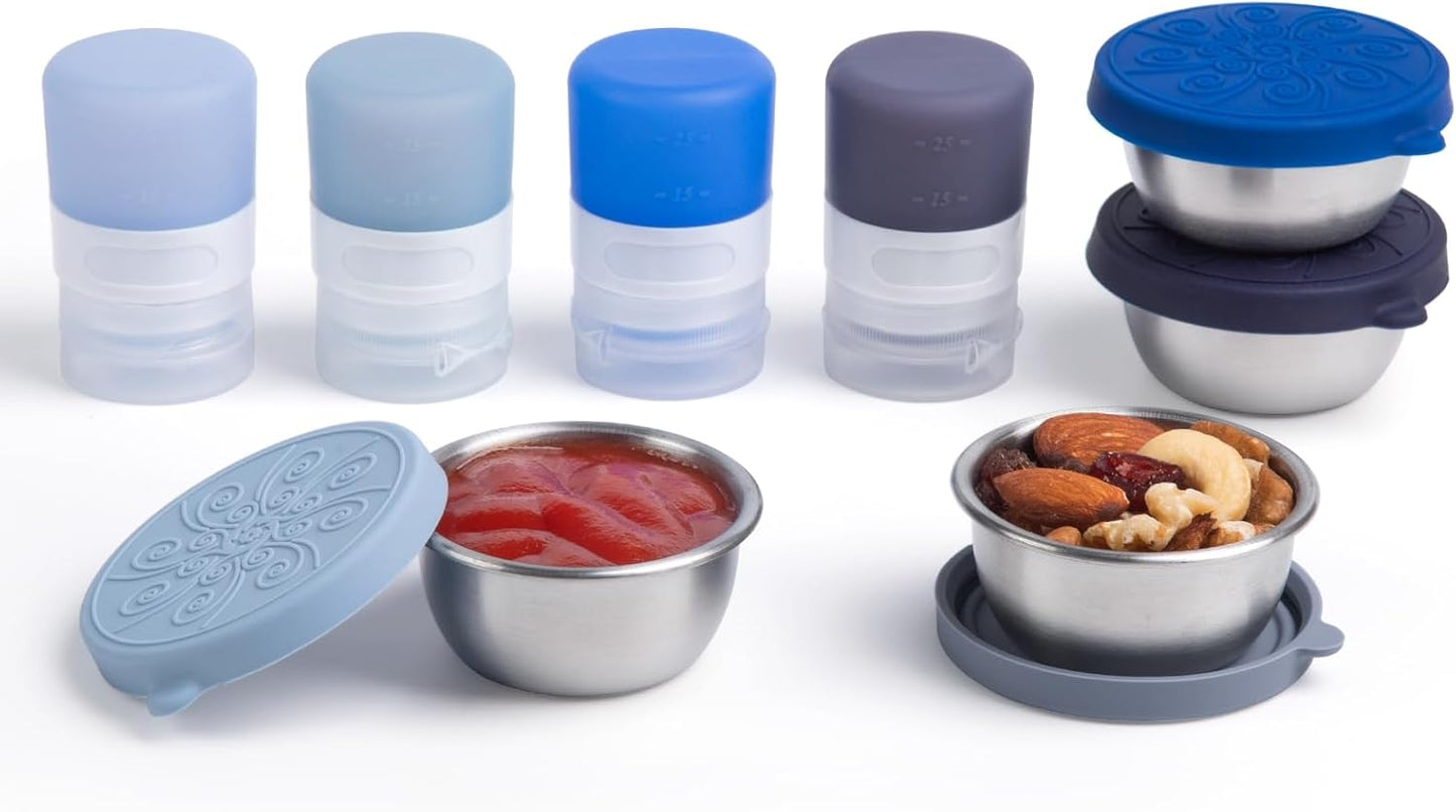 MICEBAY 8-Pack Salad Dressing Container To Go, 2-oz Silicone Small Condiment Squeeze Bottles and 1.6 oz Stainless Steel Sauce Containers Cups, Leakproof Condiment Containers with Lids for Lunch Box