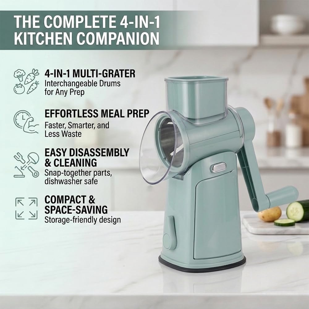 Rotary Cheese Grater Hand Crank, 10-Blade Shredder with Handle, Vegetable Slicer Mandoline Food Chopper, Strong Suction Base Kitchen Gadget for Cheese Vegetables Nuts – Green