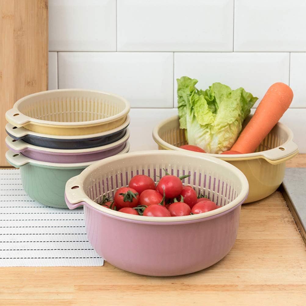 Hemoton Multifunctional Double Layer Plastic Draining Basket 6.29X6.29X2.75In Kitchen Colander for Fruit Vegetable Washing Storage with 360 Rotatable Filter