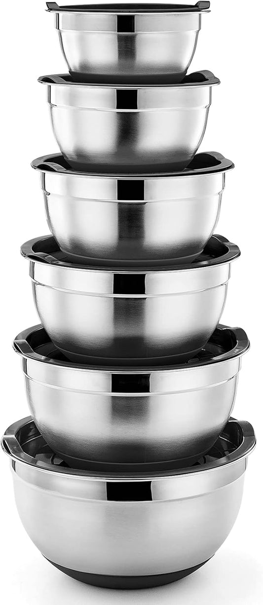 P&P CHEF Mixing Bowls With Lids, Set of 6, Stainless Steel Nesting Mixing Bowls & Fitting Lids & Non-Slip Silicone Bottom, Ideal for Mixing, Storing, Size 0.7/1/1.5/2.5/3/4.6 Qt, Multicolor
