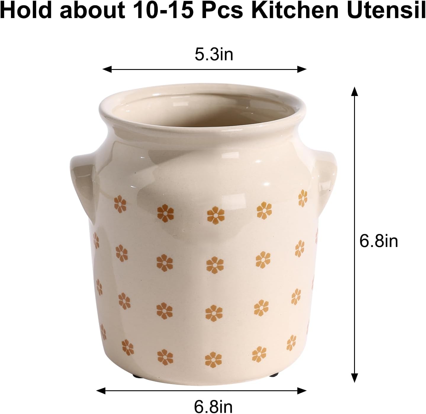 Ceramic Farmhouse Kitchen Utensil Holder for Countertop, Rustic Cooking Utensil Holder Crock Fit for Kitchen Counter. 6*6.8*6.7 IN