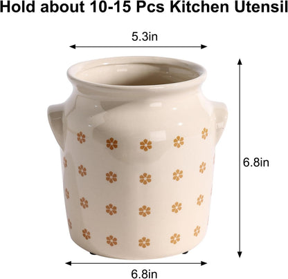 Ceramic Farmhouse Kitchen Utensil Holder for Countertop, Rustic Cooking Utensil Holder Crock Fit for Kitchen Counter. 6*6.8*6.7 IN
