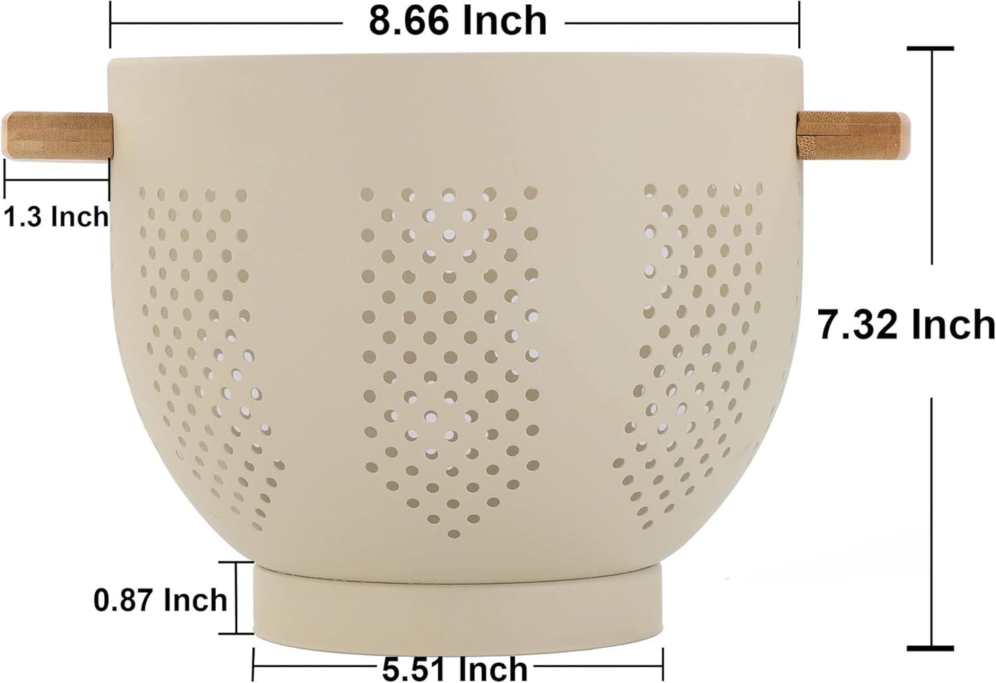 Metal Colander with Wood Handle and Stable Base, 5.5 Quart Powder Coated Steel Kitchen Strainer Basket for Draining Pasta, Vegetable and fruit,Cream