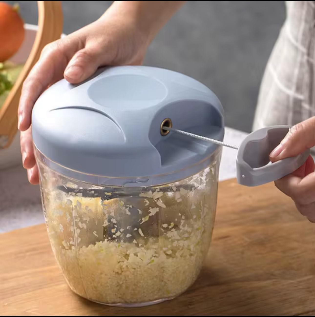 Manual Hand -Powered Food Chopper with Pull-Cord Mechanism – Compact Vegetable Cutter, Dicer & Mincer with Stainless Steel Blades – Ideal for Onions, Garlic, Herbs, Nuts & More – (GREY)