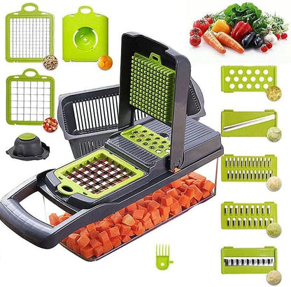 All-In-One, 12 Blade Mandoline Slicer, Vegetable Spiralizer, Cutter, Dicer, Food Chopper, Grater, Kitchen Gadgets Sets with ContainerPro Onion Chopper Veggie Chopper With Container(Grey green) slicer