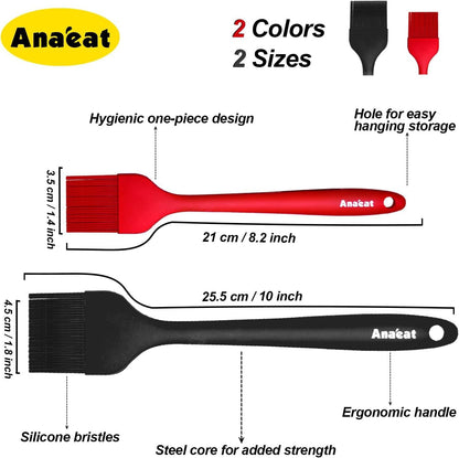 Anaeat 2 Pack Silicone Basting Pastry Brushes - Heat Resistant Brush with Soft Bristles, Hygienic One-Pieces Design, Marinade Brush Great in Baking for Spreading Oil Butter Sauce BBQ Grill (Black)
