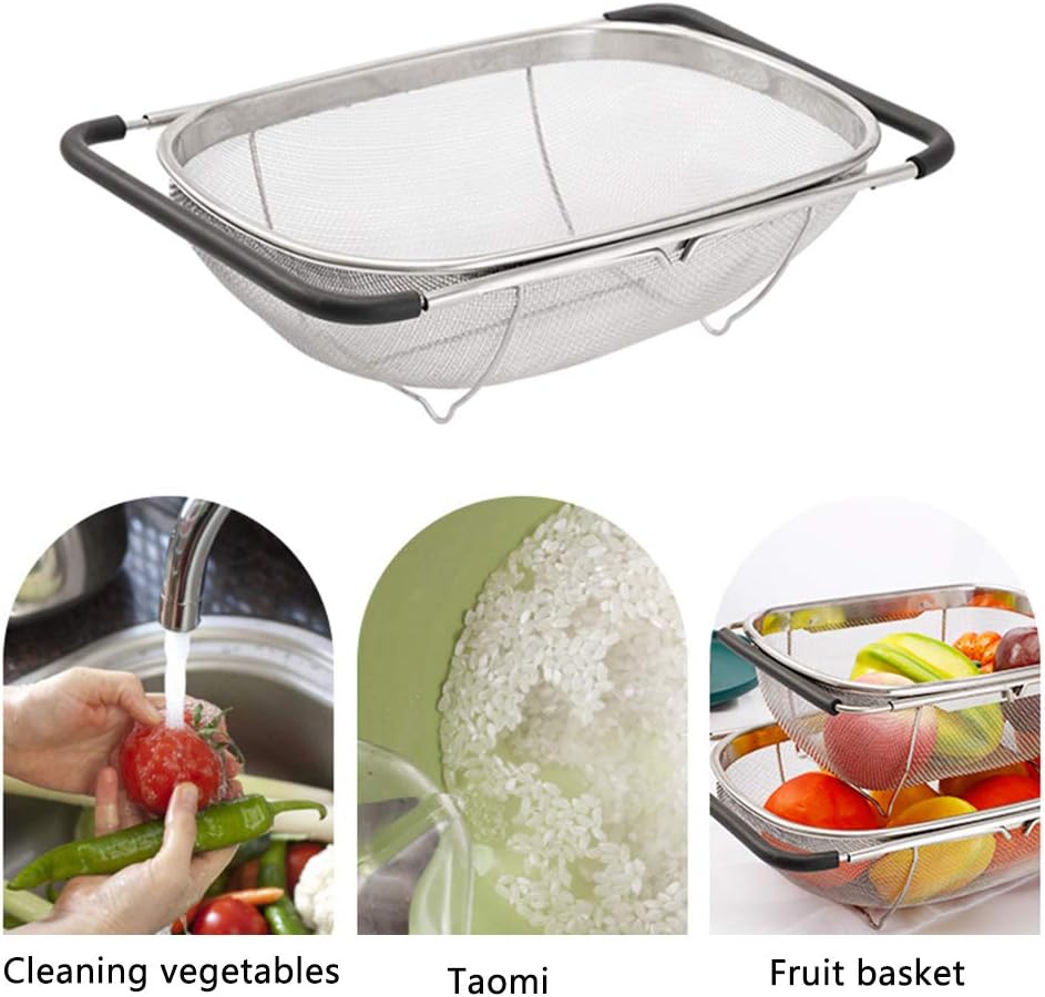 Stainless Steel Colander Strainer, Collapsible Colander with Expandable Rubber Handles, Rectangular Sieve Fine Mesh Kitchen Strainers (SIZE:L)