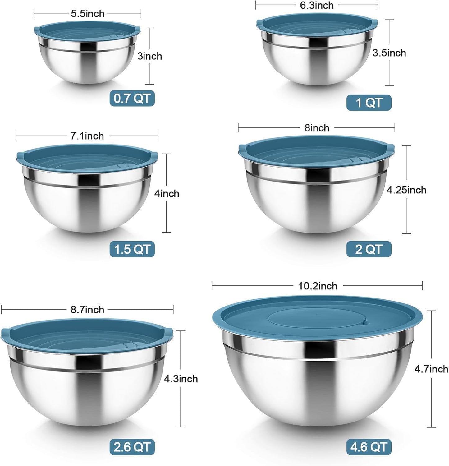 TeamFar Mixing Bowls, 6PCS Stainless Steel Nesting Mixing Salad Bowl with Lids & 3 Grater Attachments, for Food Cooking Baking Storing, Healthy, Khaki - 4.6/2.6/2 / 1.5/1 / 0.7 QT
