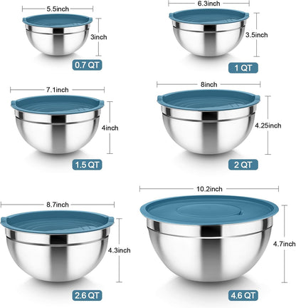 TeamFar Mixing Bowls, 6PCS Stainless Steel Nesting Mixing Salad Bowl with Lids & 3 Grater Attachments, for Food Cooking Baking Storing, Healthy, Khaki - 4.6/2.6/2 / 1.5/1 / 0.7 QT