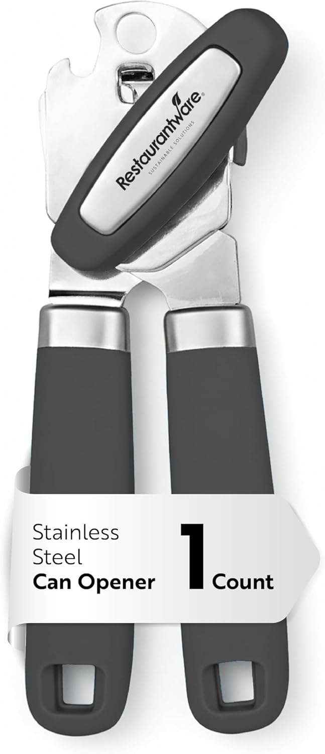 Restaurantware Comfy Grip 7.6 x 1.9 x 2.1 Inch Can Opener 1 Durable Manual Can Opener - Sharp Wheel Blade Grip Handle Mint Green Stainless Steel Hand-Held Can Opener Built-In Bottle Opener