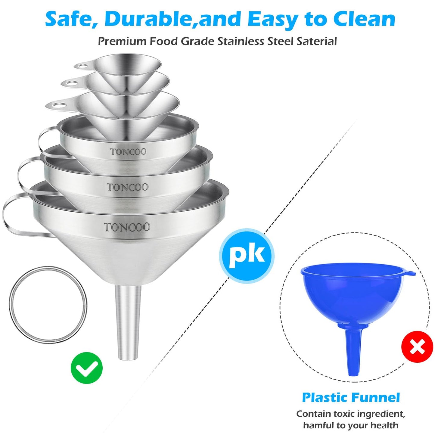 Toncoo 3 Pack Stainless Steel Funnels for Kitchen Use, Food Grade Cooking Funnel with 3 Strainer, Kitchen Funnel Set Metal Funnels for Filling Bottles