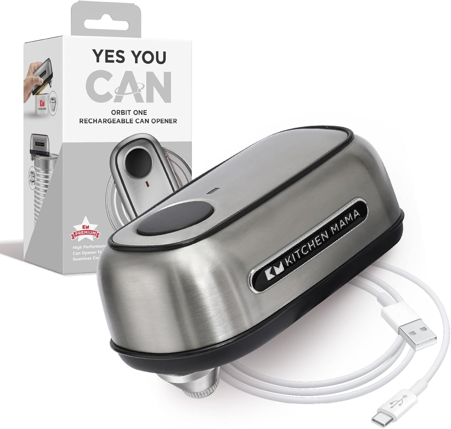 Kitchen Mama Orbit One Rechargeable Electric Can Opener: Hands-free, USB-C Charging, Automatic Stop, Smooth Edge, Safety, Blade for Large Cans, Heavy Duty, Soda and Pop Can, with Storage Box (White)
