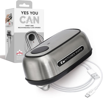 Kitchen Mama Orbit One Rechargeable Electric Can Opener: Hands-free, USB-C Charging, Automatic Stop, Smooth Edge, Safety, Blade for Large Cans, Heavy Duty, Soda and Pop Can, with Storage Box (White)