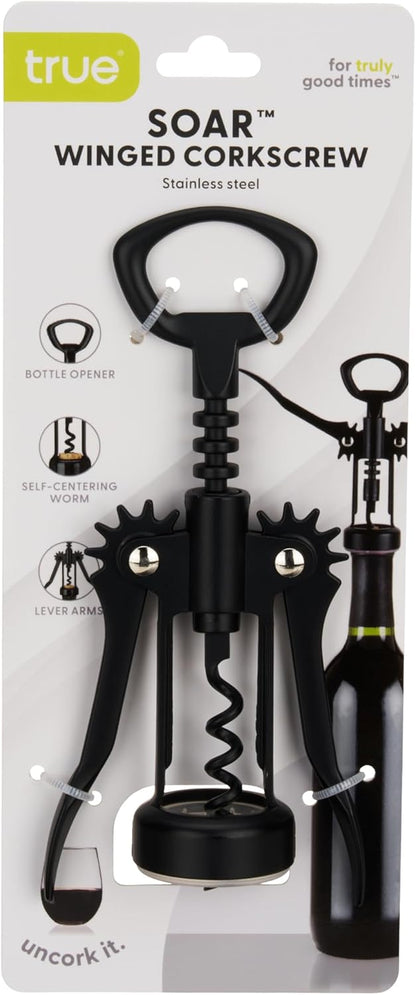 True Soar Winged Corkscrew Wine Opener, Multi-Purpose Bottle Opener for Beer and Soda, Stainless Steel with Chrome Finish, Easy to Remove Cork for Bartenders, Home Bar, Kitchen, Set of 1, Matte Black