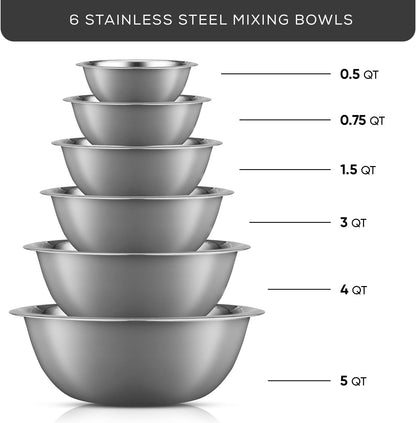 JoyJolt Stainless Steel Mixing Bowl Set of 6-5qt to 0.5qt Nesting Bowls for Dough, Batter & Baking