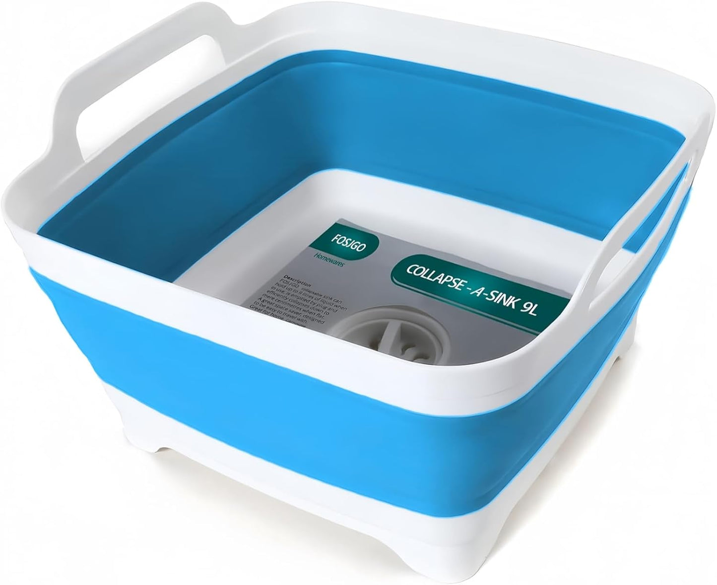 FOSJGO Collapsible Dish Basin with Drain Plug, 2.4 Gal (9L) Space-Saving Foldable Sink, Wash Basin for Kitchen, Baby Bottles, Vegetable Washing, Camping, RV and Party Beverage Tubs