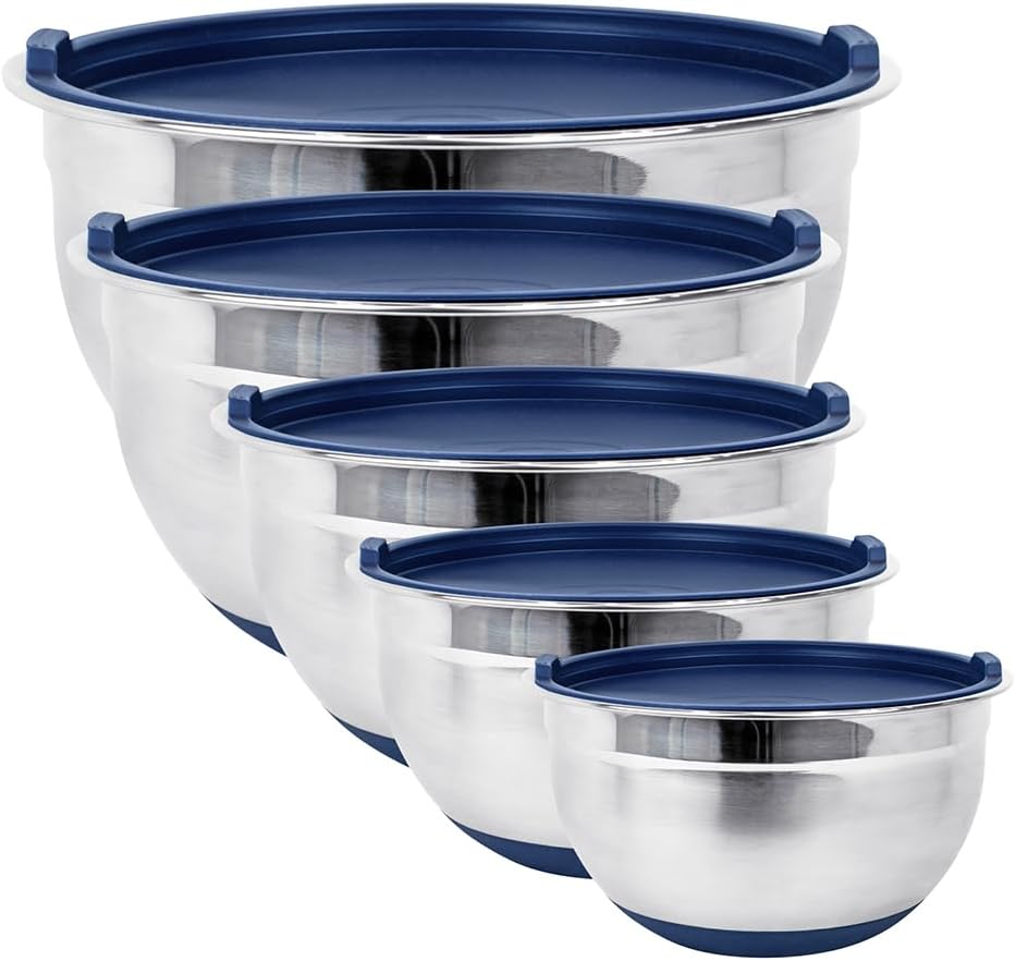 Stainless Steel Mixing Bowls with Lids and Non Slip Bases (Set of 5, Red)