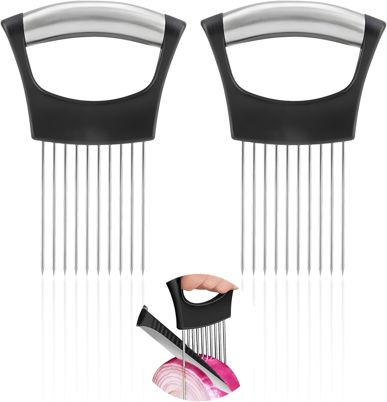 2PCS Onion Holder for Slicing, Upgraded Stainless Steel Onion Slicer Holder with Ergonomic Handle, Tomato Cutter, Vegetable Slicing Tool, Meat Tenderizer, Kitchen Food Cutting Gadget