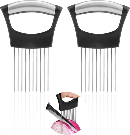 2PCS Onion Holder for Slicing, Upgraded Stainless Steel Onion Slicer Holder with Ergonomic Handle, Tomato Cutter, Vegetable Slicing Tool, Meat Tenderizer, Kitchen Food Cutting Gadget