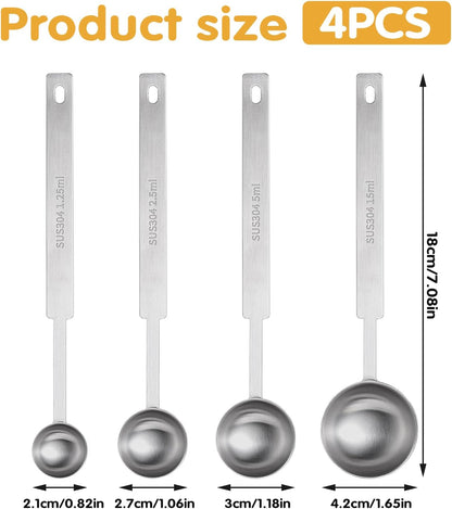 4Pcs Long Handle Measuring Spoons Set, 7 Inches Stainless Steel Measuring spoon Tablespoon Teaspoon Coffee Scoop for Cooking Baking