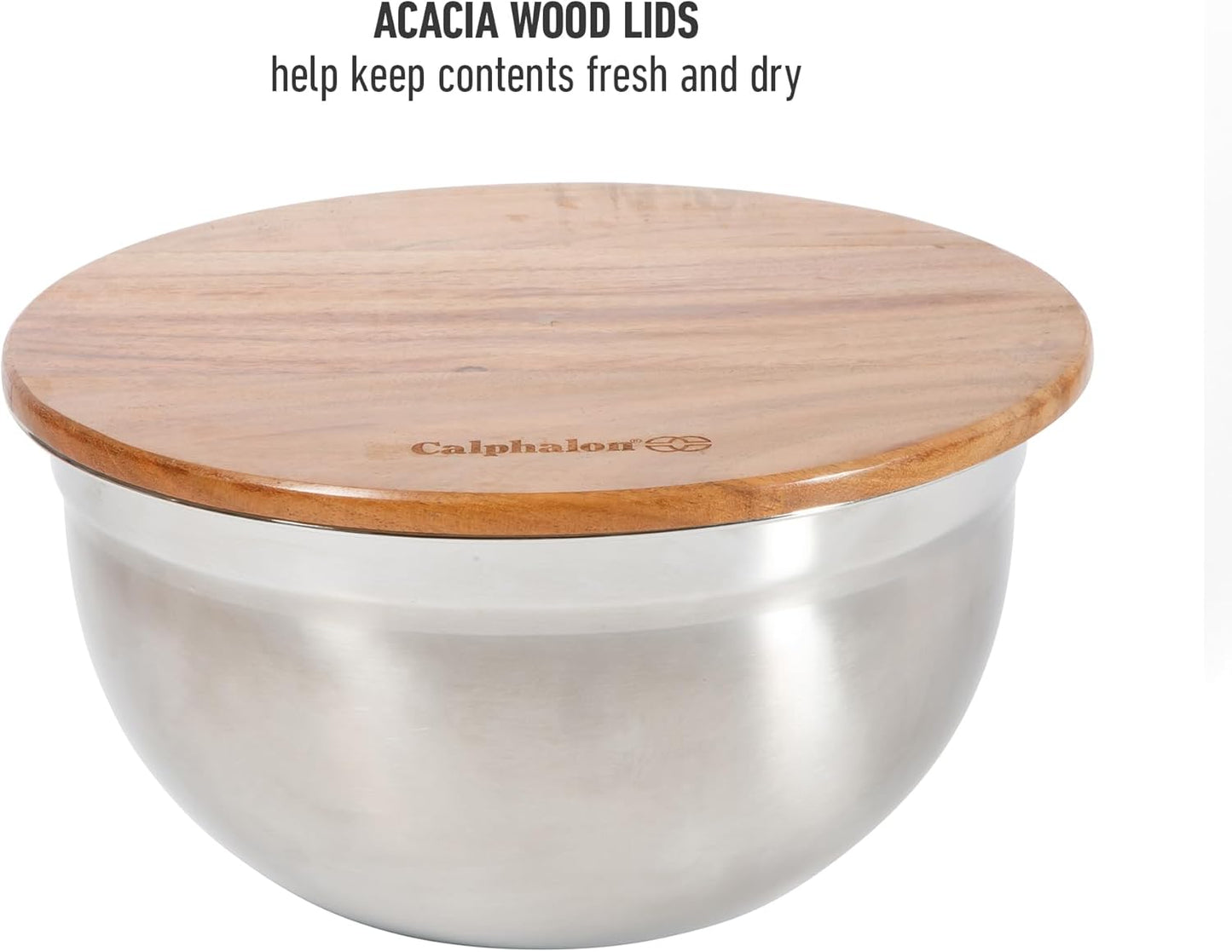 Calphalon Orbit 3 Piece Mixing Bowl Set with Acacia Wood Lids, Nesting Kitchen Mixing Bowls for Baking, Cooking, Meal Prep and Food Storage, Durable Design with Airtight Style Covers