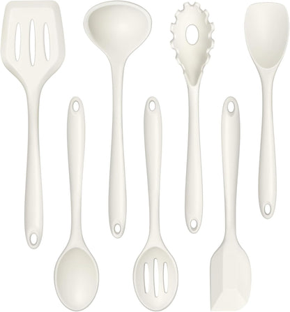 TeamFar Silicone Cooking Utensil Set of 7, Black Kitchen Nonstick Tools Turner Spoon Spatula Ladle Pasta Server for Nonstick Cookware, Healthy & One-Piece, Anti-Heat & Dishwasher Safe
