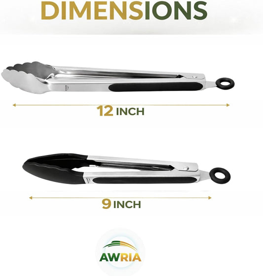 Silicone Tongs For Cooking Heat Resistant Stainless Steel Kitchen Tongs With Silicone Tips Cooking Tongs For Serving Food 9” + 12” Locking BBQ, Grilling, Air Fryer, Black Dishwasher Safe