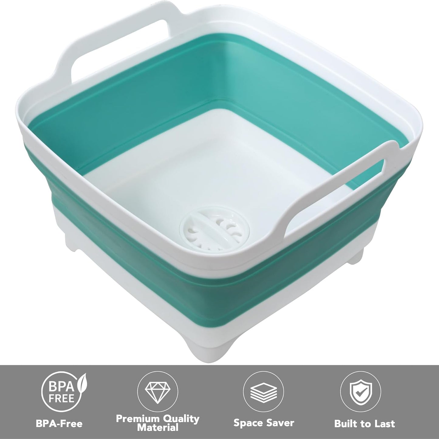 Tiawudi Dishpan for Washing Dishes, 2.4Gal/9L Wash Basin with Draining Plug Carry Handles, Collapsible Bucket for Cleaning, Portable Sink, Foldable Plastic Tub, 1PC