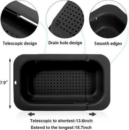 Collapsible Sink Colanders and Strainers Basket Over the Sink Colander Collapsible Colander Extendable Plastic Fruit Vegetable Strainer Drainer Basket for Kitchen(Length 14.3 inch-19.4 inch) (Pink)