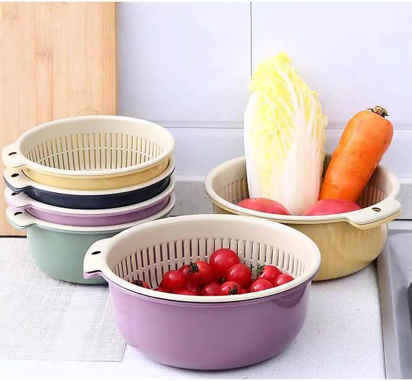 2 in 1 Kitchen Colander Set, 18cm/ 7inch Dia Fine Hole Fruit and Vegetable Strainer for Fast Draining, Double Layer Multi Use Colander for Washing and Storage, Home Kitchen Essential Tool