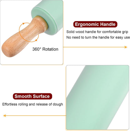 HARFINGTON Silicone Rolling Pins for Baking 12.2 Inch Non-Stick Silicone Surface Wooden Handle Rolling Pin Small Roller Playdough Rolling Pins for Fondant Kitchen Dough Pizza, Green