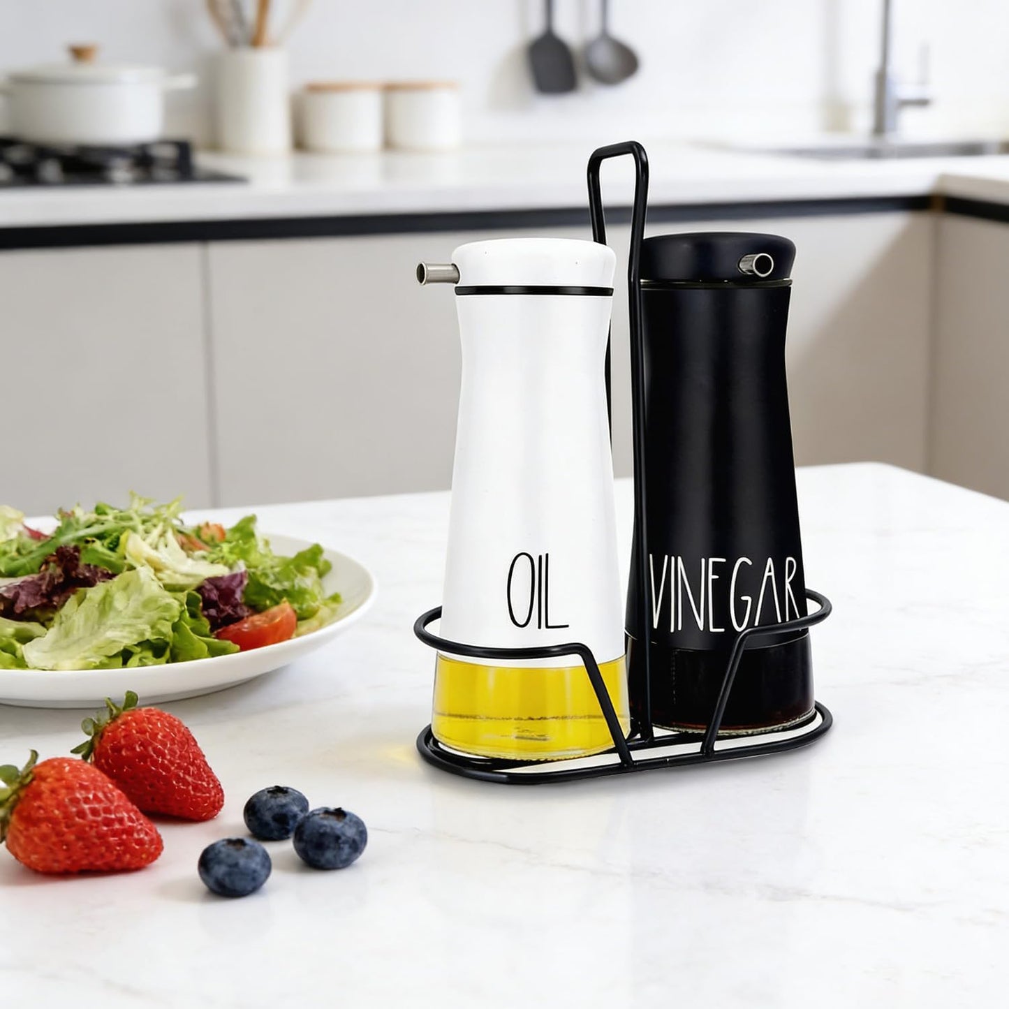 Aelga Oil And Vinegar Dispenser Set with Caddy - 2 Pack Oil Dispenser Bottle for Kitchen with No-Drip - Kitchen Decor and Accessories for Home Restaurants Weddings