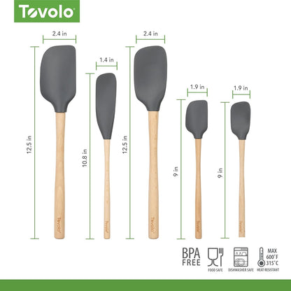 Tovolo Silicone Spatula with Wooden Handle Set of 5 Piece Silicone Kitchen Utensil Set Spoonula Jar Scraper Mini Spatula and Spoonula for Cooking Baking Mixing Folding Deep Indigo
