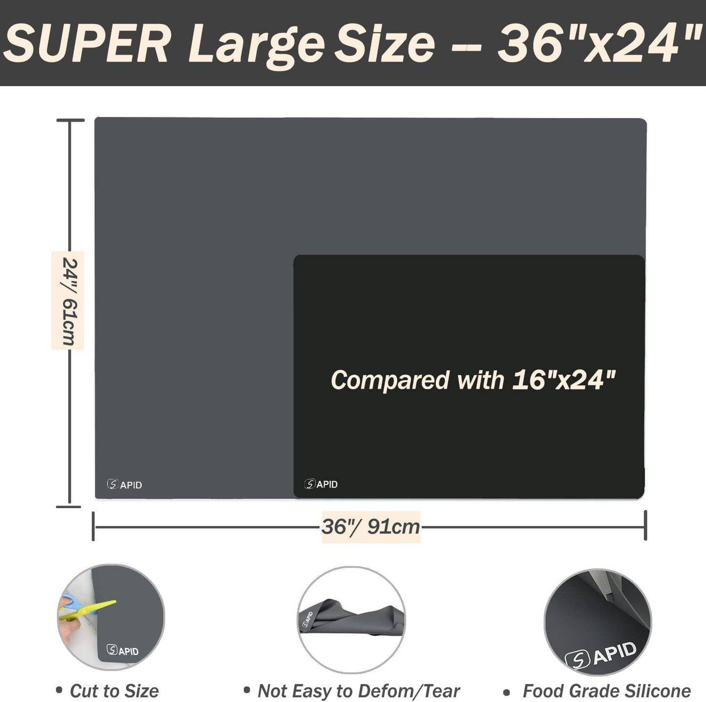 Extra Large Silicone Mat 36" x 24" Place Mats, Heat Resistant Mat for Kitchen Countertop Protector, Thick Placemats Washable Silicone Mats for Kitchen Counter Mat Dining Table Mat, Grey, Sapid
