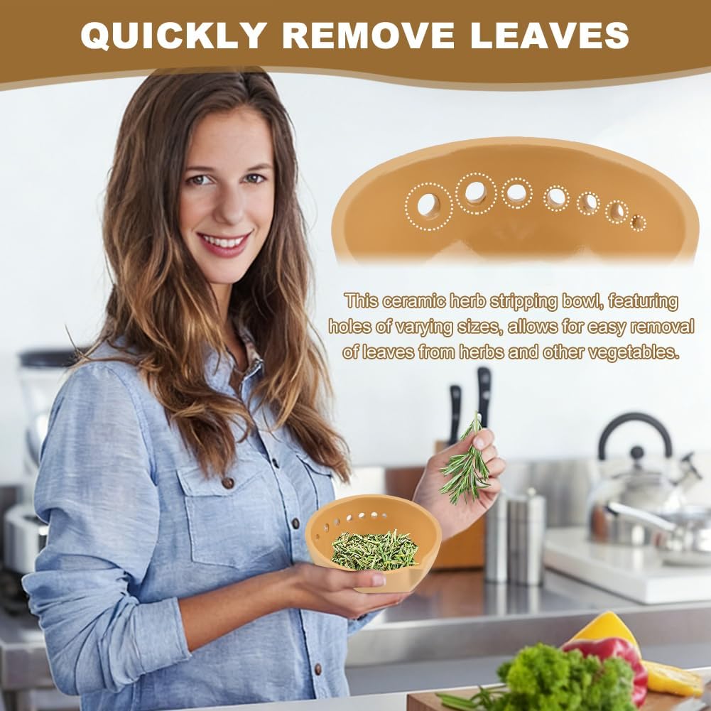 Herb Stripper Bowl with Grater, Handmade Ceramic Herb Stripper Her b Peeling Bowl Tool with 7 Hole Sizes, Kitchen Efficient Leaf Removal Tool for Peeling The Stemmed Leaves