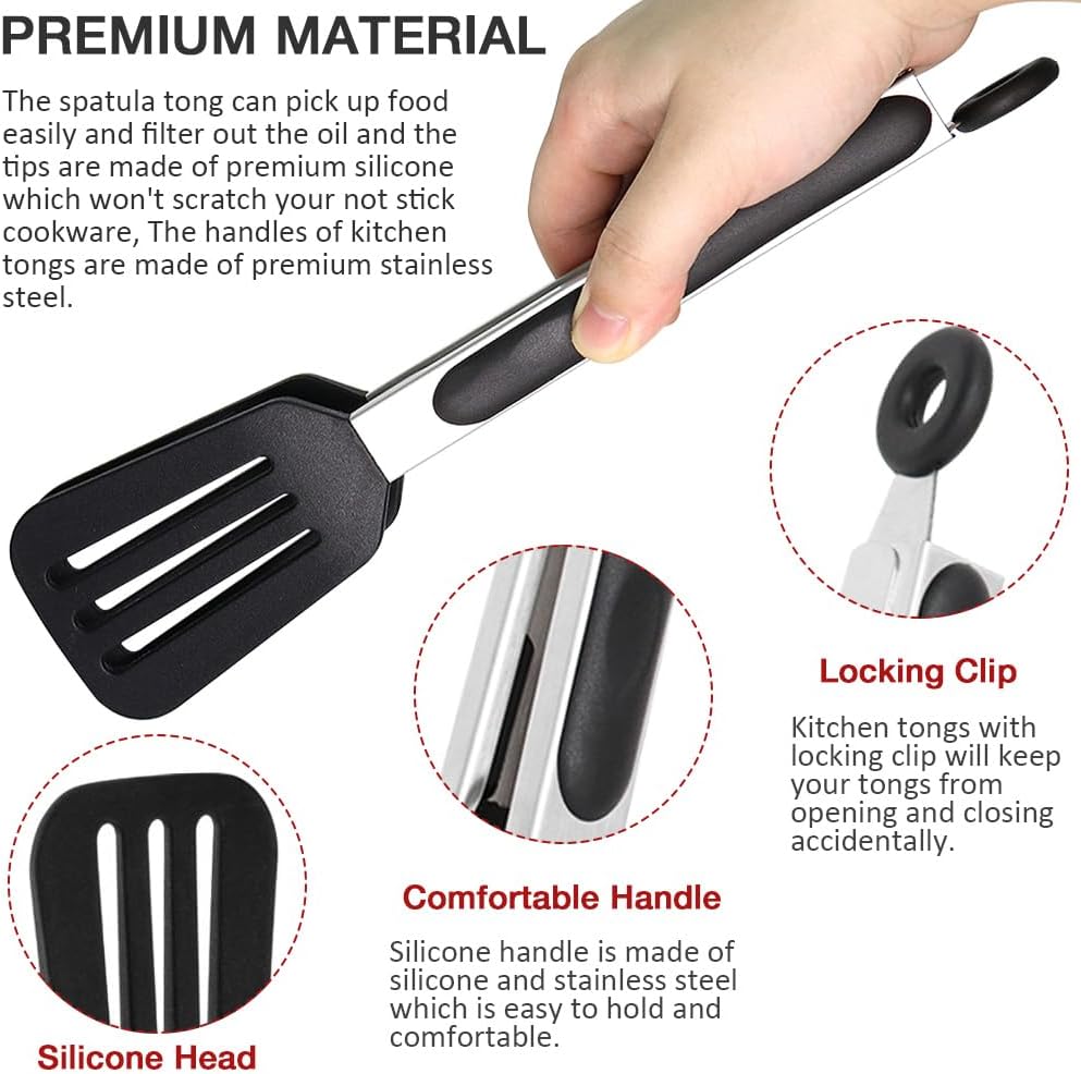 Mini Silicone Serving Tongs Set of 3, Small Kitchen Tongs (7 inch) with Silicone Tips and Stainless Steel Handle, Cooking Tongs for Salads, Pasta, Steaks, Vegetables
