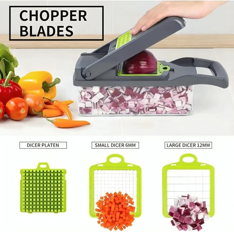 14-in-1 Vegetable Chopper & Mandoline Slicer with Container – Onion Chopper Dicer, Food Chopper with 8 Blades, Veggie Cutter for Salad, Potato, Carrot – BPA Free Kitchen Gadget, Dishwasher Safe