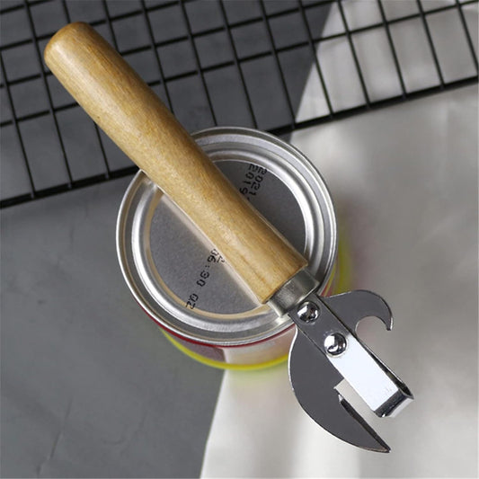 Manual Can Opener with Wooden Handle Stainless Steel Convenient and Durable Manual Opener for Beer Bottle Household Kitchen Gadget Silver