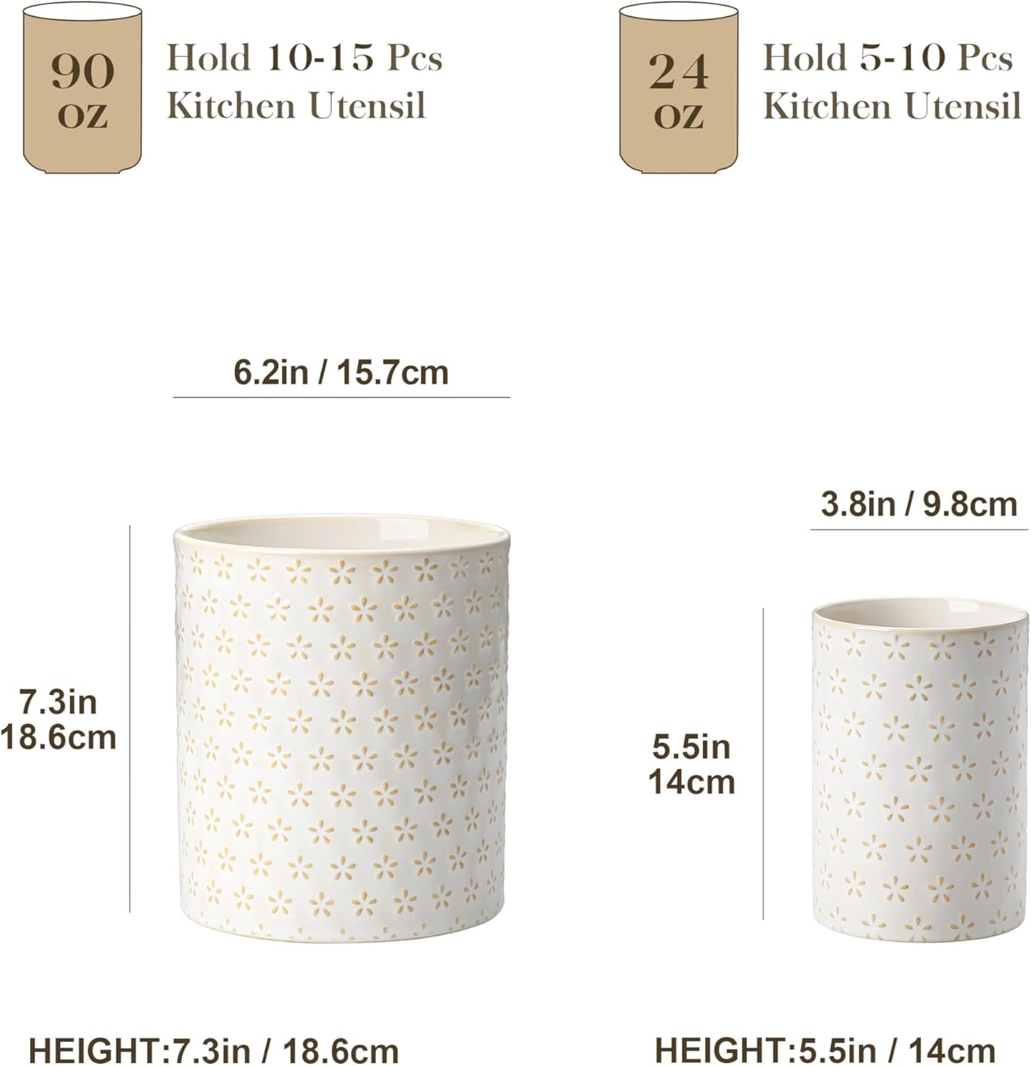 MALACASA LYDIA Ceramic Utensil Holders, 7.3"+5.5" Kitchen Utensil Crock Set for Countertop, Large & Small Utensil Organizers for Cooking Tools, Rhombus Pattern