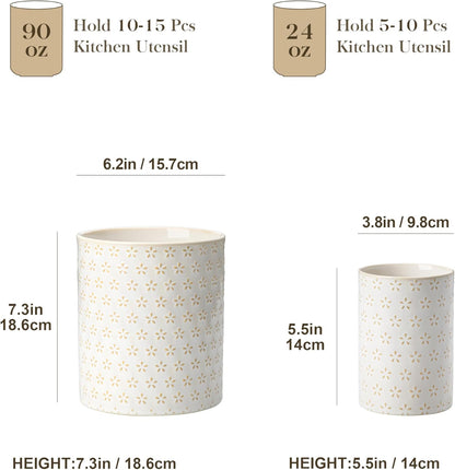 MALACASA LYDIA Ceramic Utensil Holders, 7.3"+5.5" Kitchen Utensil Crock Set for Countertop, Large & Small Utensil Organizers for Cooking Tools, Rhombus Pattern