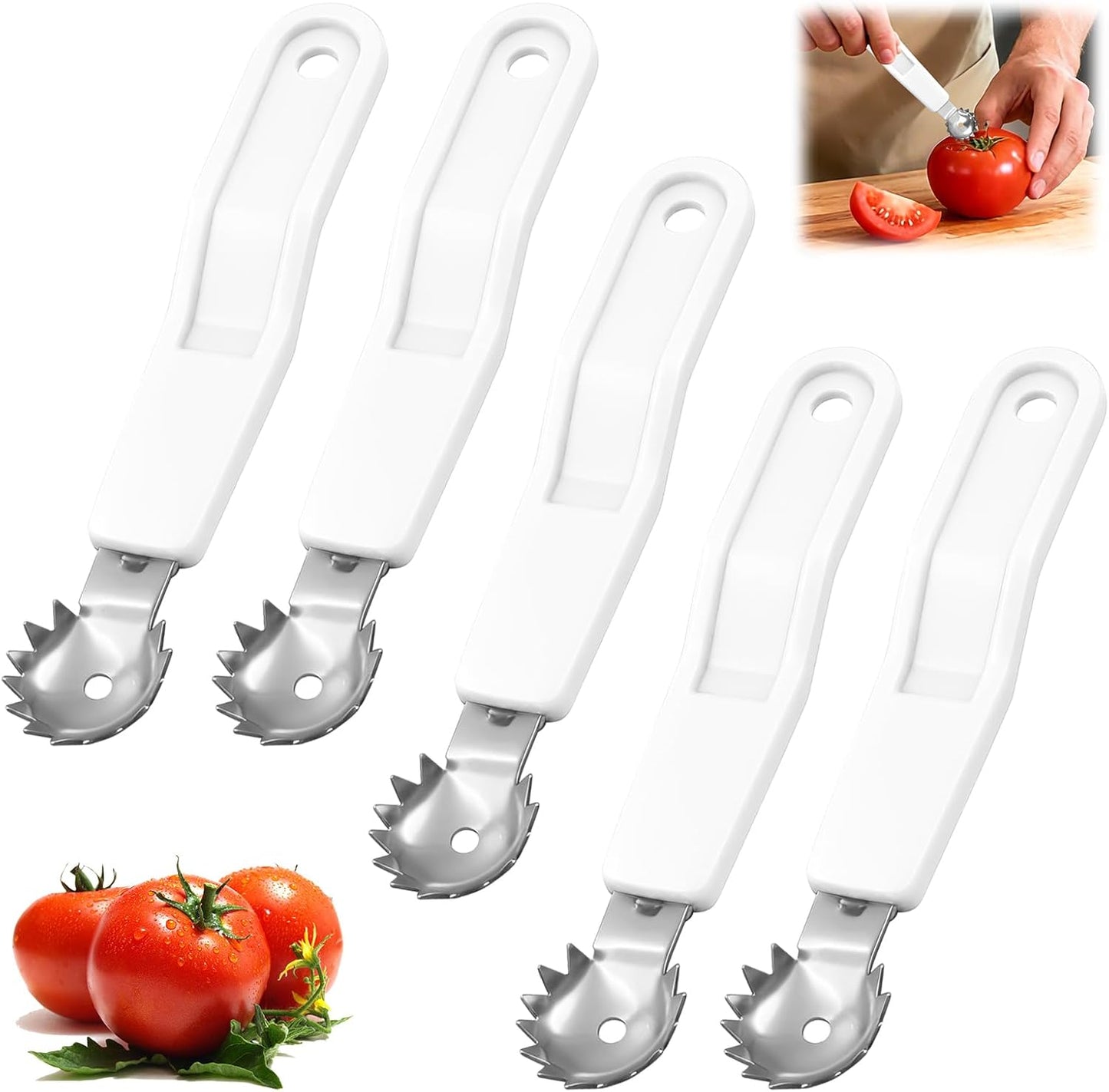 5 Pcs Tomato Corer Tool Strawberry Huller Stem Remover, Handle with hole, Stainless Steel, Fruit Corer Tool for Tomato Strawberry (Red+White)