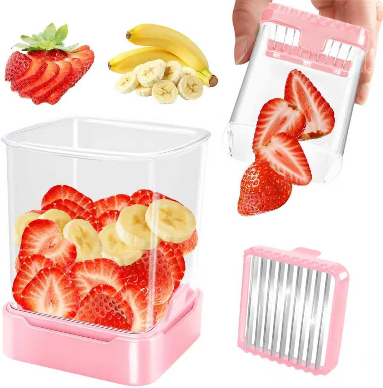 Fruit Slicer Cup for Strawberry, Banana, Hard-Boiled Egg - Detachable Cutter with Push Plate - 304 Stainless Steel Blade - Rapid & Safe Slicing Kitchen Gadget for Quick Meal Prep (Black)