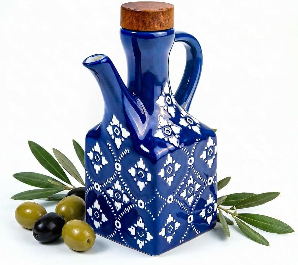 Ceramic Olive Oil Dispenser Bottle, 8.5 oz Decanter for Kitchen with Handle & Wooden Stopper, Green Decorative Oil and Vinegar Dispenser Set, Cooking Oil Container Cruet for Olive, Avocado, Vinegar