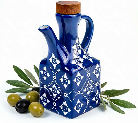 Ceramic Olive Oil Dispenser Bottle, 8.5 oz Decanter for Kitchen with Handle & Wooden Stopper, Green Decorative Oil and Vinegar Dispenser Set, Cooking Oil Container Cruet for Olive, Avocado, Vinegar