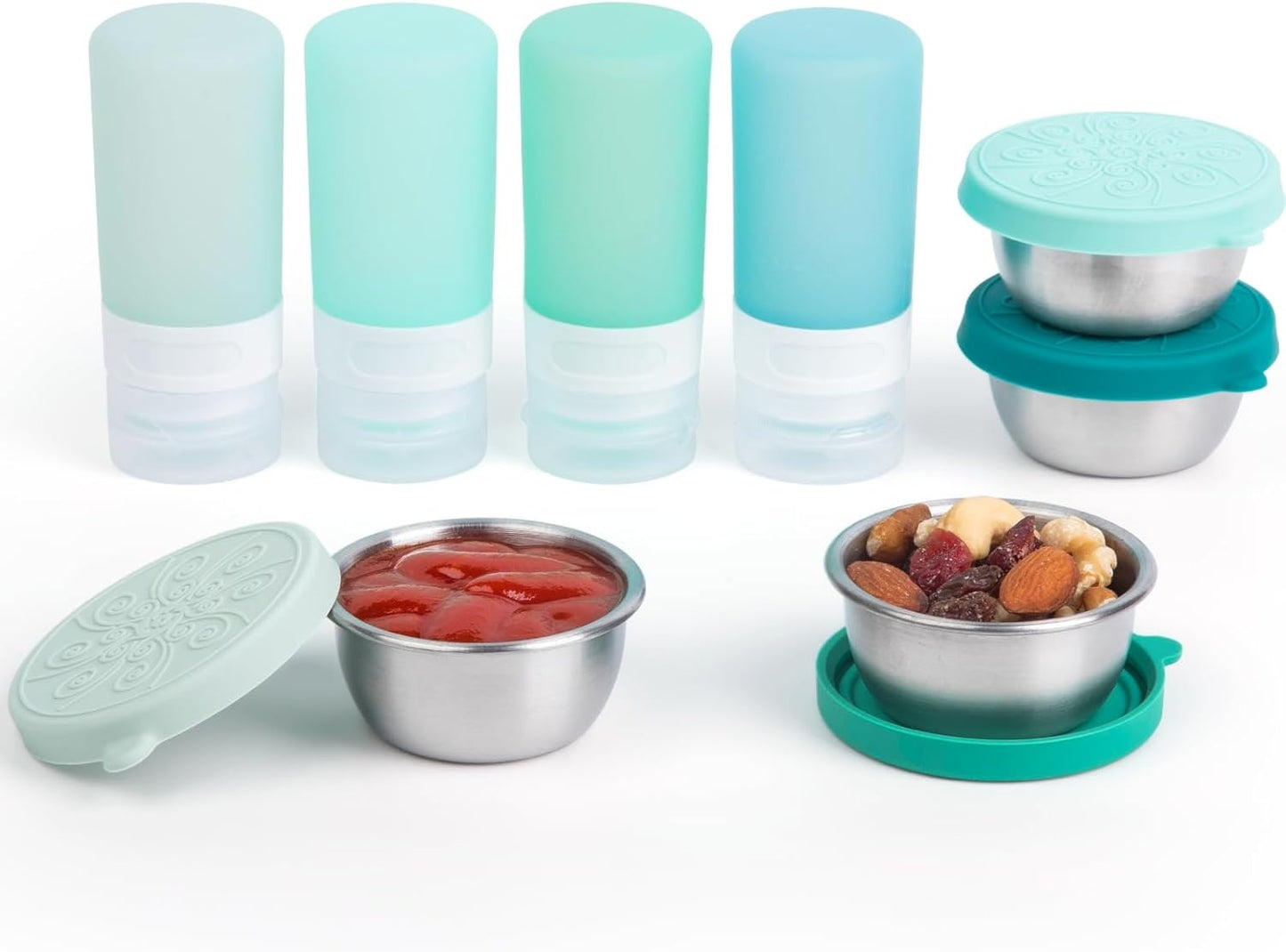 MICEBAY 8-Pack Salad Dressing Container To Go, 2-oz Silicone Small Condiment Squeeze Bottles and 1.6 oz Stainless Steel Sauce Containers Cups, Leakproof Condiment Containers with Lids for Lunch Box