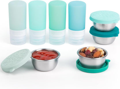 MICEBAY 8-Pack Salad Dressing Container To Go, 2-oz Silicone Small Condiment Squeeze Bottles and 1.6 oz Stainless Steel Sauce Containers Cups, Leakproof Condiment Containers with Lids for Lunch Box